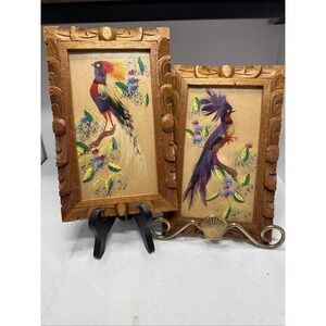 VTG Pair Feathers Birds Paintings Carved Wood Frame 8x5" Boho Hippie Art Decor